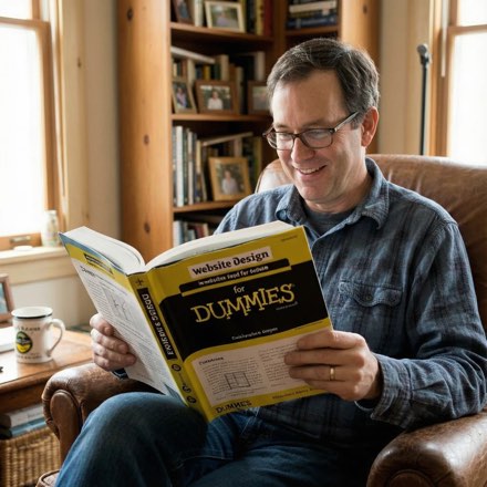 Actual photo of webmaster Eric Vacin studying Website Design for Dummies in his study